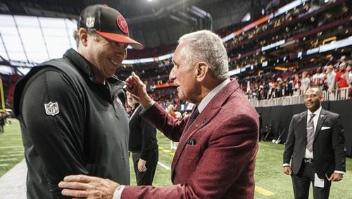 Coach Arthur Smith and owner Arthur Blank after the Falcons' 29-10 victory over the Colts.