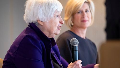 U.S. Treasury Secretary Janet Yellen, left, with Katie Kirkpatrick, president and CEO of Metro Atlanta Chamber behind her, gives an opening statement before a roundtable lunch at the chamber Thursday, June 20, 2024. (Ben Gray / Ben@BenGray.com)