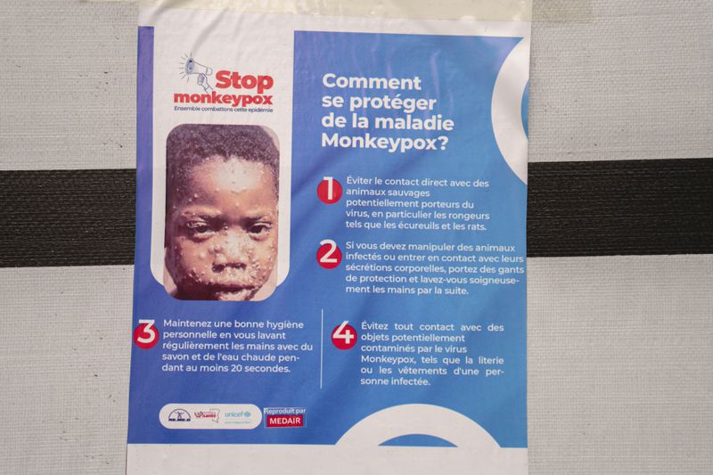 A poster bringing attention to the mpox outbreak hangs at the Goma General Hospital, Democratic Republic of the Congo, Tuesday, July 16, 2024. (AP Photo/Moses Sawasawa)