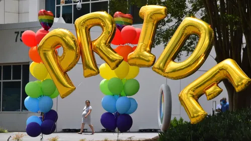 Balloons spell out “PRIDE” at Gwinnett County’s first-ever Pride Month celebration, which was held at the Gwinnett Justice and Administration Center in June 2021.