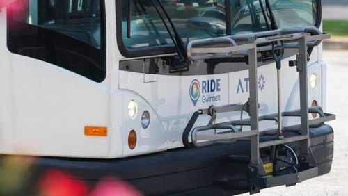 A detail of the Ride Gwinnett bus at the Gwinnett County Transit Center off of Satellite Boulevard, Tuesday, September 12, 2023, in Duluth, Ga. (Jason Getz / Jason.Getz@ajc.com)