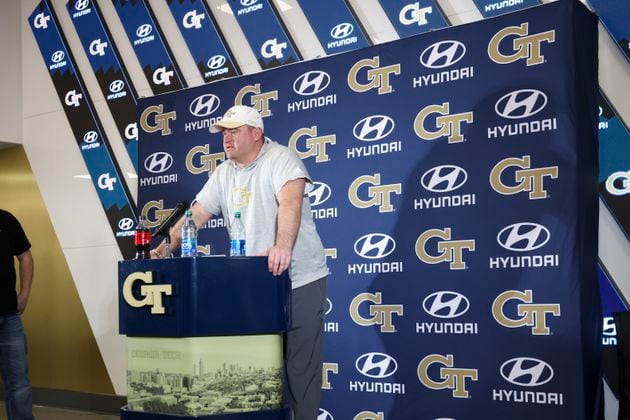 Georgia Tech coach Brent Key speaks to members of the media following their first day of spring football practice at Bobby Dodd Stadium, Monday, March 11, 2024, in Atlanta. (Jason Getz / jason.getz@ajc.com)