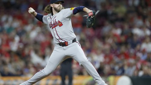 Atlanta Braves relief pitcher Pierce Johnson throws against the Cincinnati Reds during the sixth inning of a baseball game Tuesday, Sept. 17, 2024, in Cincinnati. (AP Photo/Jay LaPrete)