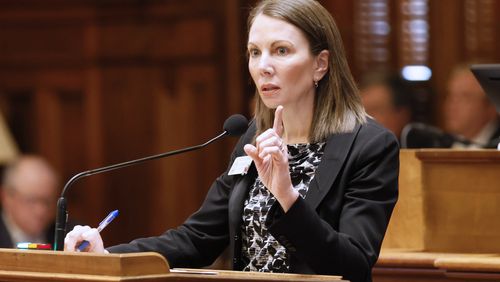 State Rep. Stacey Evans, D-Atlanta, addresses the chamber opposing HB231 during Crossover Day at the Capitol in Atlanta on Monday, March 6, 2023. HB231 proposes that removing a prosecutor from office could be easier if prosecutors are not doing their job.
Miguel Martinez /miguel.martinezjimenez@ajc.com