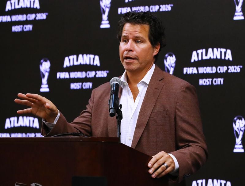 Dan Corso, Atlanta Sports Council, takes questions during the Host City announcement news conference for the 2026 World Cup at Mercedes-Benz Stadium on Thursday, June 16, 2022, in Atlanta. (Curtis Compton/AJC 2022)