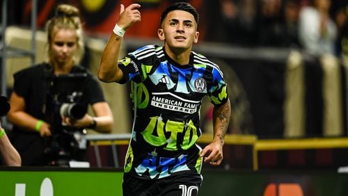 Atlanta United midfielder Thiago Almada #10 celebrates with teammates after a goal during the second half of the match against Nashville SC at Mercedes-Benz Stadium in Atlanta, GA on Saturday August 26, 2023. (Photo by Mitch Martin/Atlanta United)