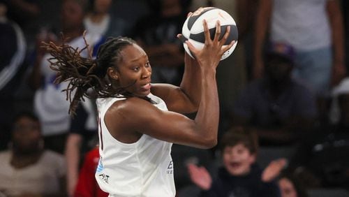 Atlanta Dream center Tina Charles grabs a defensive rebound during the first half against the New York Liberty at the Gateway Center Arena, Thursday, June 6, 2024, in Atlanta. (Jason Getz / AJC)
