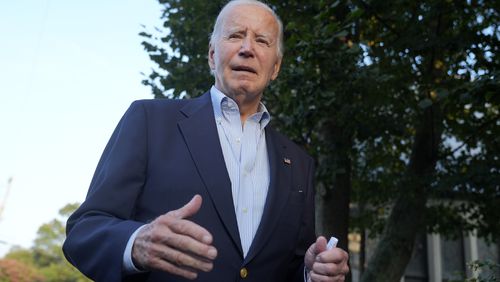 President Joe Biden speaks to reporters outside of St. Edmond's Roman Catholic Church in Rehoboth Beach, Del., after attending a mass, Saturday, Aug. 31, 2024. (AP Photo/Manuel Balce Ceneta)