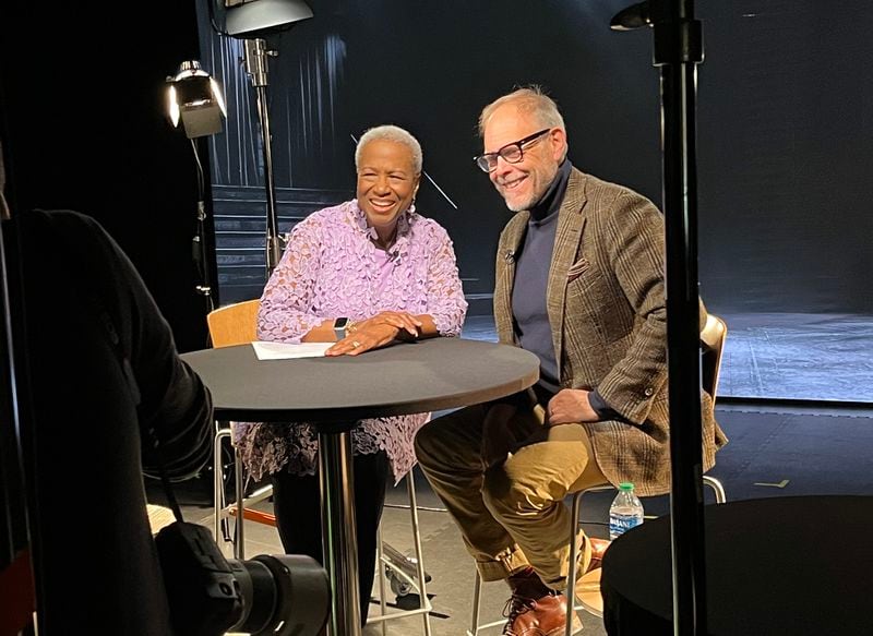 Monica Pearson interviews Alton Brown, the TV host and food science expert from Atlanta, for "The Monica Pearson Show." Courtesy of Mara Davis