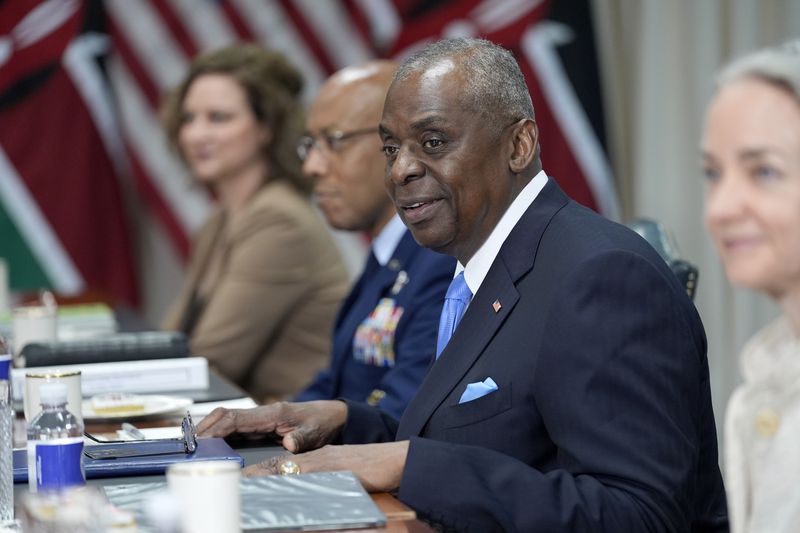 Defense Secretary Lloyd Austin speaks during a meeting with Kenya's President William Ruto, not pictured, at the Pentagon in Washington, Friday, May 24, 2024. (AP Photo/Susan Walsh)