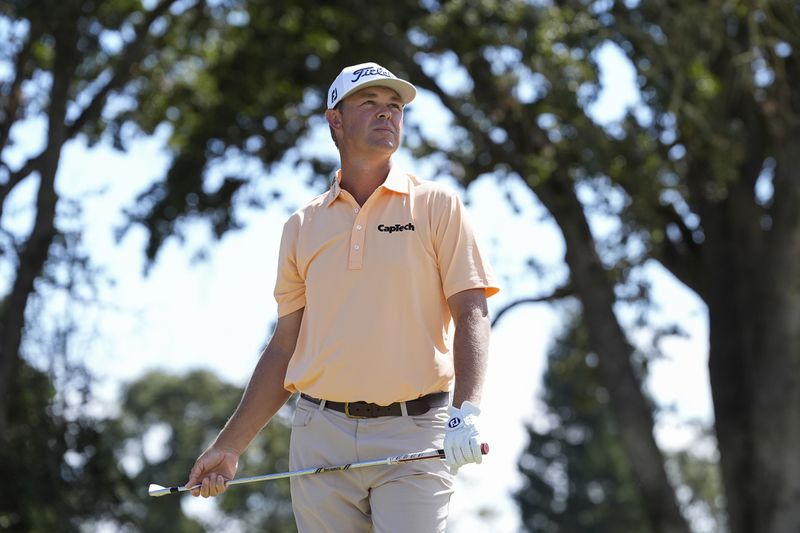 Patton Kizzire watches his shot from the second tee during the final round of the Procore Championship golf tournament at Silverado Resort North Course, Sunday, Sept. 15, 2024, in Napa, Calif. (AP Photo/Godofredo A. Vásquez)