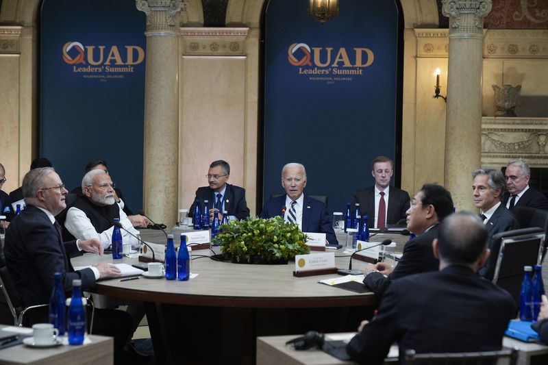 President Joe Biden meets with from left, Australia's Prime Minister Anthony Albanese, India's Prime Minister Narendra Modi, Secretary of State Antony Blinken and Japan's Prime Minister Fumio Kishida, at the Quad leaders summit at Archmere Academy in Claymont, Del., Saturday, Sept. 21, 2024. (AP Photo/Mark Schiefelbein)