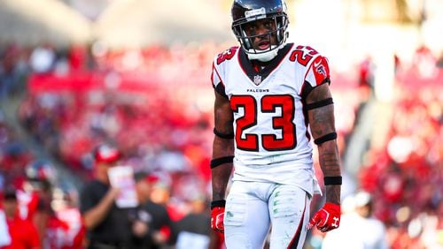 TAMPA, FL - DECEMBER 30: Cornerback Robert Alford #23 of the Atlanta Falcons reacts after breaking up the 2-point attempt by the Tampa Bay Buccaneers in the fourth quarter of the game at Raymond James Stadium on December 30, 2018 in Tampa, Florida. (Photo by Will Vragovic/Getty Images)