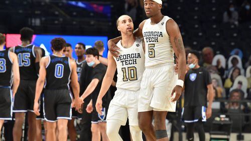 March 2, 2021 Atlanta - Georgia Tech's guard Jose Alvarado (10) and Georgia Tech's forward Moses Wright (5) in the second half of an NCAA college basketball game at Georgia Tech's McCamish Pavilion in Atlanta on Tuesday, March 2, 2021. Georgia Tech won 81-77 over Duke in overtime. (Hyosub Shin / Hyosub.Shin@ajc.com)