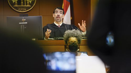 Fulton Superior Court Judge Robert McBurney addresses counsel for Gov. Kemp during a hearing on Georgia Governor Brian Kemp's motion to quash his subpoena from the special purpose grand jury in Atlanta, GA, on Thursday, August 25, 2022.  on Thursday, August 25, 2022.   (Bob Andres for the Atlanta Journal Constitution)