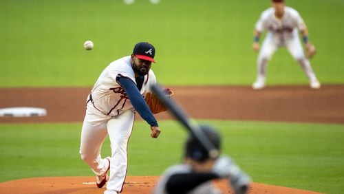 The Braves’ Reynaldo Lopez (40) pitches to a Rockies batter during the first inning of the Braves versus Colorado Rockies game at Truist Park in Atlanta on Thursday, September 5, 2024. (Arvin Temkar / AJC)