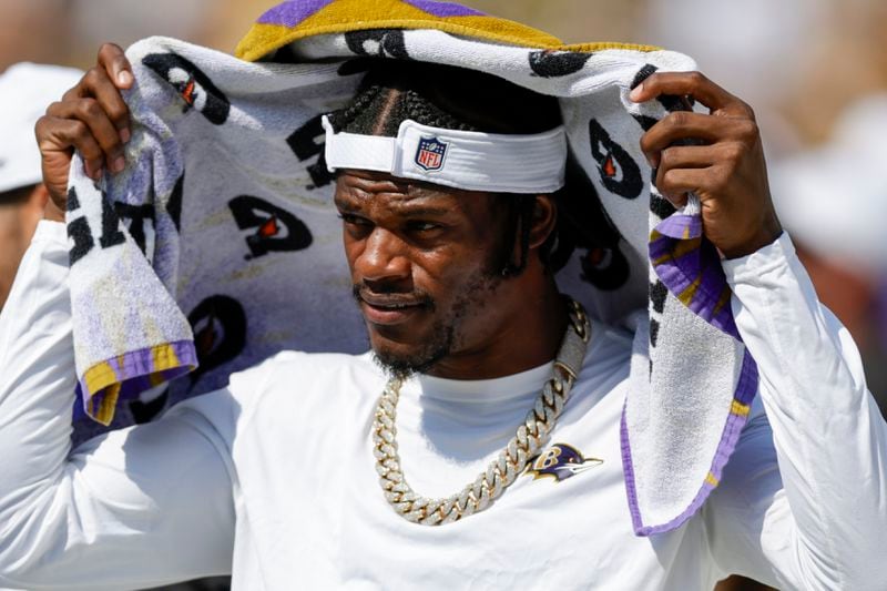 Baltimore Ravens Lamar Jackson is seen during the second half of a preseason NFL football game against the Green Bay Packers Saturday, Aug. 24, 2024, in Green Bay, Wis. (AP Photo/Matt Ludtke)