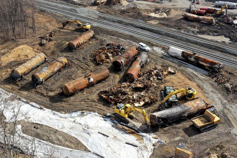 FILE - Cleanup continues, Feb. 24, 2023, at the site of a Norfolk Southern freight train derailment that happened on Feb. 3 in East Palestine, Ohio. (AP Photo/Matt Freed, File)