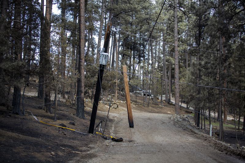 Electricity poles burned by the South Fork Fire partially block a road in the mountain village of Ruidoso, N.M., Saturday, June 22, 2024. (AP Photo/Andres Leighton)