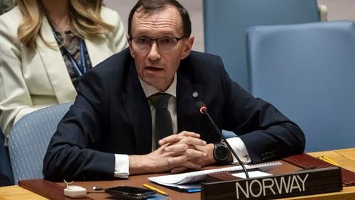 FILE - Norwegian Foreign Minister Espen Barth Eide speaks during a Security Council meeting at United Nations headquarters, Jan. 23, 2024. (AP Photo/Yuki Iwamura, File)