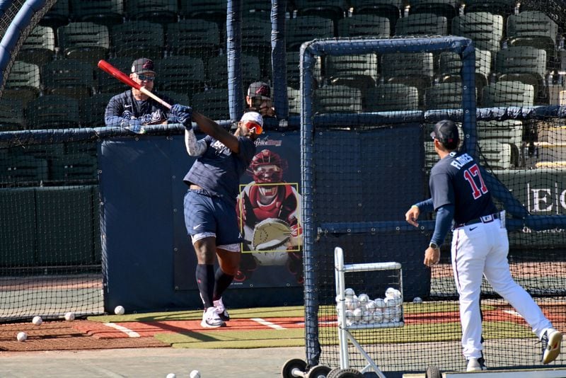 Braves center fielder Michael Harris takes batting practice during Braves spring training at CoolToday Park, Saturday, Feb. 18, 2023, in North Port, Fla.. (Hyosub Shin / Hyosub.Shin@ajc.com)