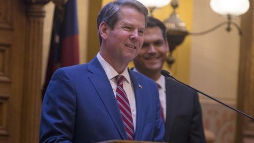 Lt. Gov. Geoff Duncan looks on as Gov. Brian Kemp speaks to members of the Senate in the chambers during Sine Die, the last day of the 2019 Georgia General Assembly, at the state Capitol in Atlanta on April 2, 2019.