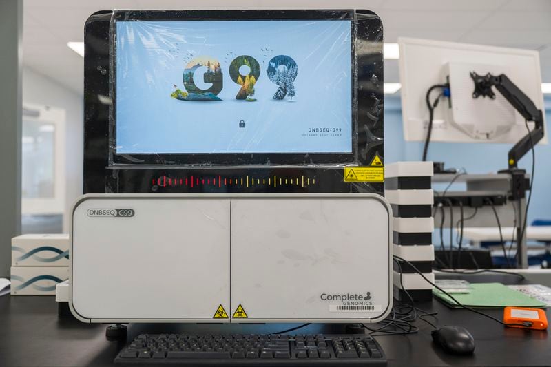 A sequencer inside the instrument manufacturing department at Complete Genomics in San Jose, Calif., Monday, July 22, 2024. (AP Photo/Nic Coury)