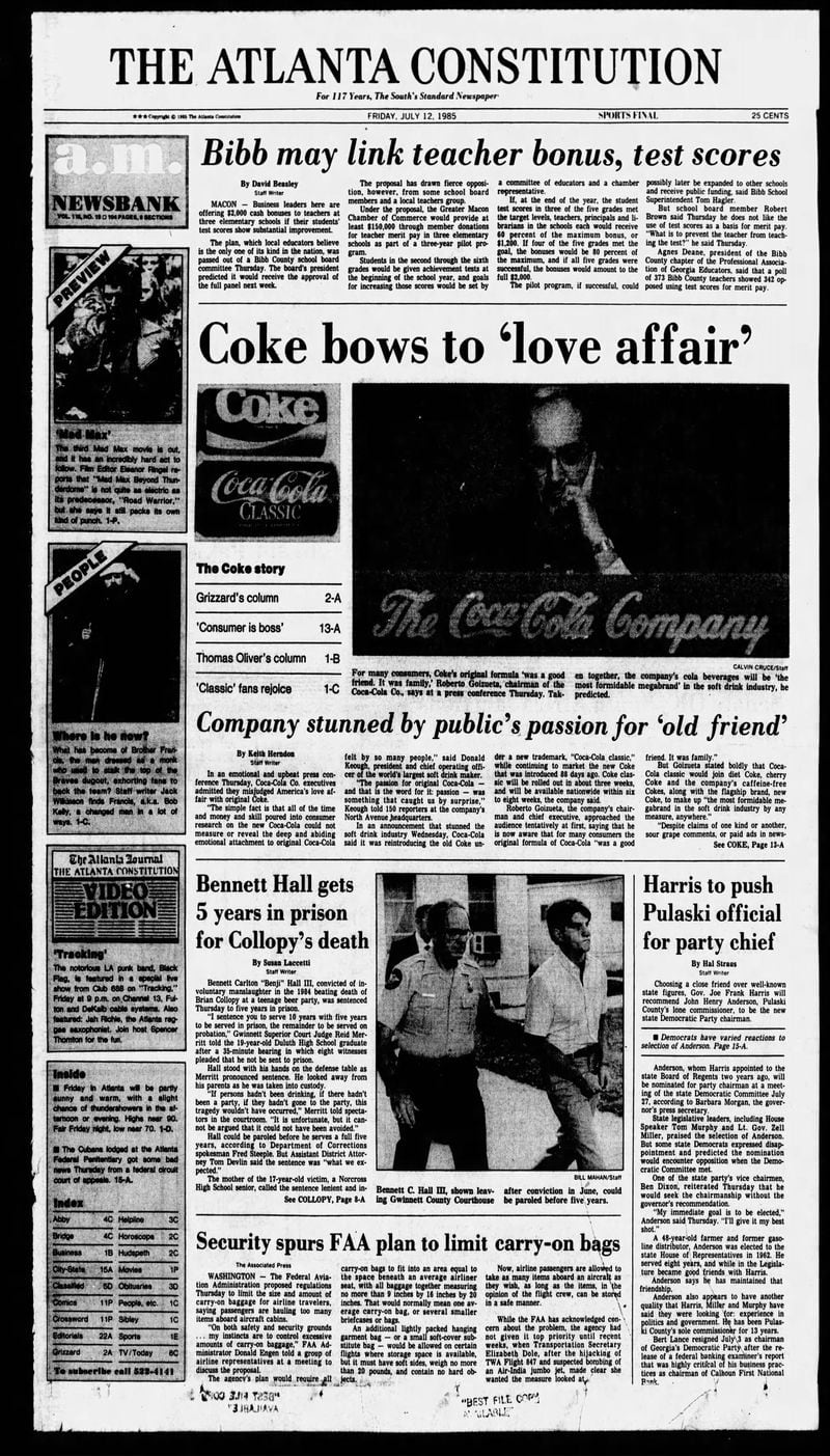 The Atlanta Constitution front page on July 12, 1985.