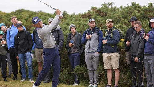 Billy Horschel of the United States plays from the rough on the 12th hole during his final round of the British Open Golf Championships at Royal Troon golf club in Troon, Scotland, Sunday, July 21, 2024. (AP Photo/Peter Morrison)