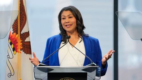 FILE - San Francisco Mayor London Breed delivers her State of the City address at the Pier 27 cruise terminal in San Francisco, Thursday, March 7, 2024. (AP Photo/Eric Risberg, File)