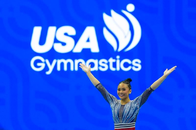 Suni Lee competes in the floor exercise at the United States Gymnastics Olympic Trials on Sunday, June 30, 2024, in Minneapolis.(AP Photo/Abbie Parr)