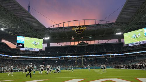 Miami Dolphins and Atlanta Falcons play during the first half of an exhibition game, Friday, Aug. 9, 2024, in Miami Gardens, Fla. (AP Photo/Lynne Sladky)