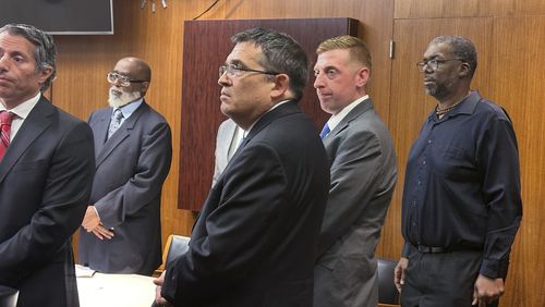 John Seiberling, Gaven King and Aaron Maree appear for the first day of their involuntary manslaughter trial in Oakland County, Mich., on Aug. 19, 2024. (AP Photo/Ed White)