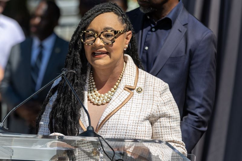 U.S. Rep. Nikema Williams, an Atlanta Democrat, speaks during the statue unveiling ceremony honoring the late Congressman John Lewis in Decatur on Saturday, Aug 24, 2024.  (Steve Schaefer / AJC)