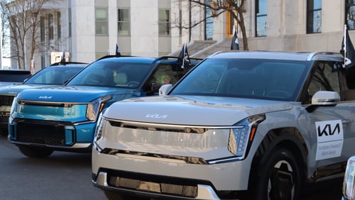 These are the first Kia EV9s to be built in Georgia at the company's West Point factory. They were parked outside the state Capitol on Tuesday, Feb. 13, 2024.