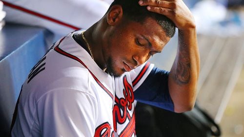 BENCHED--042815 ATLANTA: It was another rough outting for Braves pitcher Julio Teheran who sits in the dugout dejected after being pulled from the game in the 6th inning after giving up solo homer to Nationals Denard Span in a baseball game on Tuesday, April 28, 2015, in Atlanta. Teheran gave up seven runs in the game, but still left with a 10-7 lead. Curtis Compton / ccompton@ajc.com