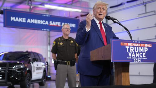 Republican presidential nominee former President Donald Trump speaks on crime and safety during a campaign event at the Livingston County Sheriff's Office, Tuesday, Aug. 20, 2024, in Howell, Mich. (AP Photo/Evan Vucci)