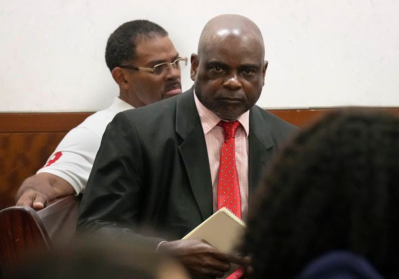 Retired Houston Police Department officer Gerald Goines appears at 482nd District Court for his trial on two felony murder charges in the January 2019 deaths of Dennis Tuttle and Rhogena Nicholas Monday, Sept. 9, 2024 at Harris County Criminal Courthouse in Houston. (Yi-Chin Lee/Houston Chronicle via AP)