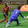 Jamal Thiaré shoots on goal during the Atlanta United game against Columbus Crew at Mercedes Benz Stadium in Atlanta, GA on July 20, 2024. (Jamie Spaar for the Atlanta Journal Constitution)