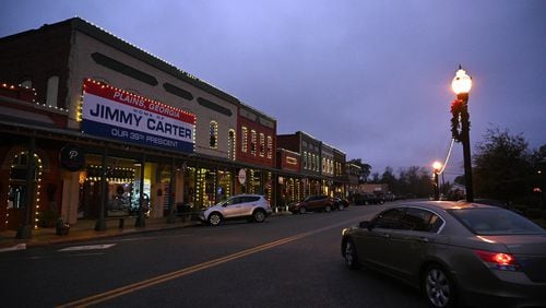 Downtown Plains during sunset on Nov. 26, 2023. Jimmy Carter’s hometown largely dodged Hurricane Helene. (Hyosub Shin/AJC)