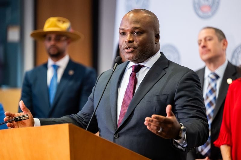 Bryan Johnson, the sole finalist for Atlanta Public Schools superintendent, speaks after being introduced during a news conference at APS headquarters in downtown Atlanta on Tuesday, June 18, 2024. (Bita Honarvar for The Atlanta Journal-Constitution)