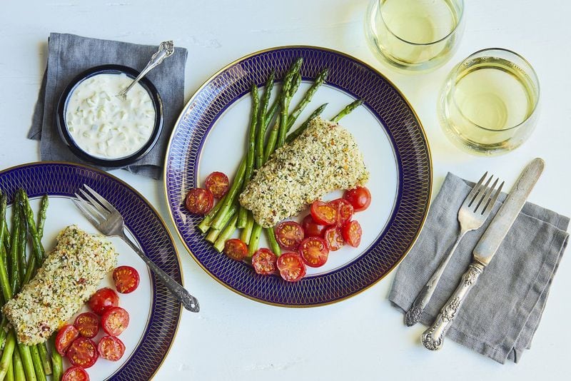 Panko-crusted Fish Fillet with Spicy Remoulade with Oven-roasted Asparagus and Grape Tomatoes is an easy and flavorful meal in one that works with any fish fillet, fresh or frozen. CONTRIBUTED BY VIRGINIA WILLIS