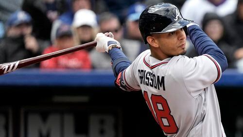 Vaughn Grissom follows through on his RBI single in the ninth inning of Sunday's 5-4 victory over the Royals. (AP Photo/Charlie Riedel)