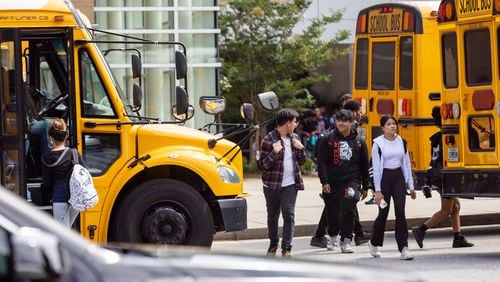 Students leave Lakeside High School in DeKalb County on Tuesday, September 5, 2023. Three Lakeside students died during a car crash over the Labor Day holiday. (Arvin Temkar / arvin.temkar@ajc.com)