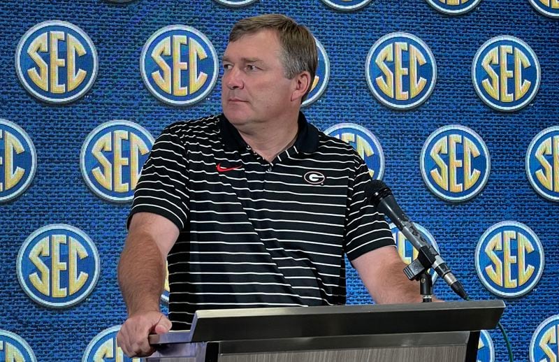 Georgia football coach Kirby Smart listens intently to a reporter's question during a 15-minute question-and-answer session on the first day of the SEC Spring Meetings on Tuesday, May 30, 2023, at the Sandestin Hilton Beach and Golf Resort in Destin, Fla. (Photo by Chip Towers/ctowers@ajc.com)