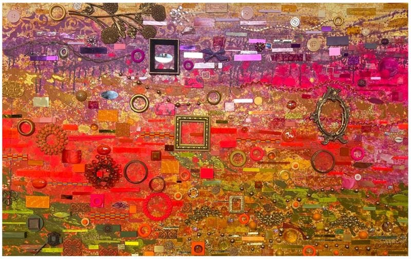 "Summation Mayhew Homage,” Lillian Blades, mixed media assemblage on wood panel. This homage channels Mayhew’s color palette and evocation of space in Blades' vernacular of collected bits and pieces pulsing with glowing inner light.