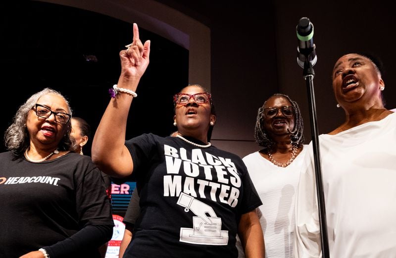 Members of the Voter Ensemble choir sing during a voter mobilization event at New Birth Missionary Baptist Church in Stonecrest, GA on Saturday, July 20, 2024. (Seeger Gray / AJC)