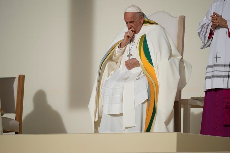 Pope Francis presides over the Sunday mass at King Baudouin Stadium, in Brussels Sunday, Sept. 29, 2024. (AP Photo/Andrew Medichini)