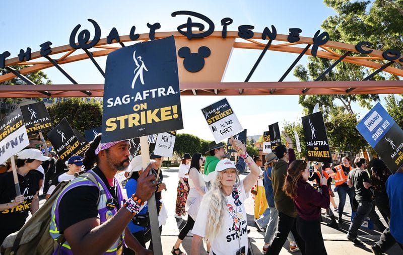 Actress Frances Fisher along SAG-AFTRA members and supporters pickets outside Disney Studios on Day 111 of their strike against the Hollywood studios, in Burbank, California, on Nov. 1, 2023.  (Frederic J. Brown/AFP/Getty Images/TNS)