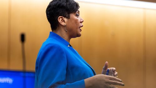 Fulton County Deputy District Attorney Adriane Love addresses the judge in the ongoing "Young Slime Life" gang trial against Atlanta rapper Young Thug and his alleged associates.
File photo. (Arvin Temkar / arvin.temkar@ajc.com)